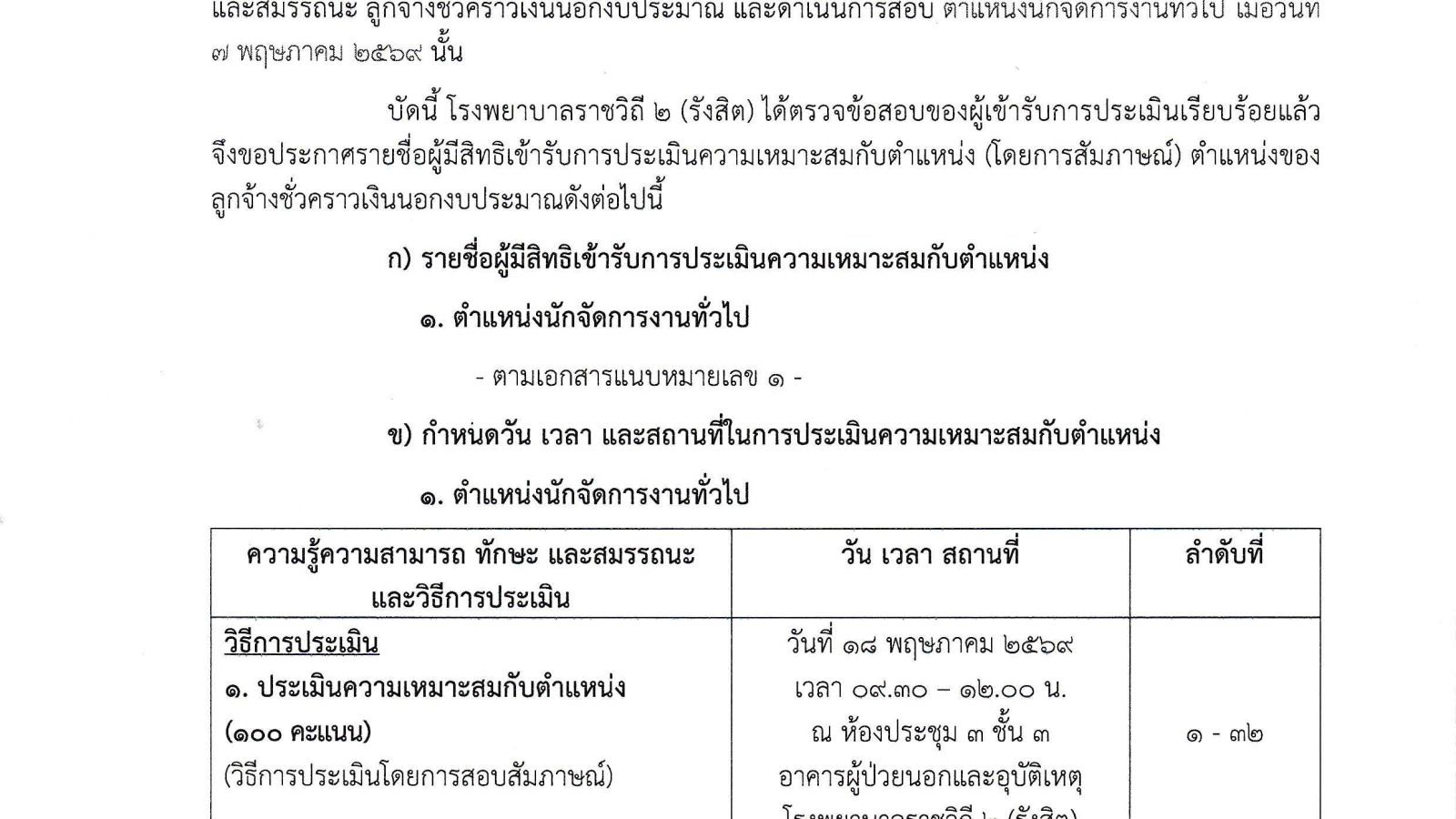 ประกาศรายชื่อผู้มีสิทธิสอบและกำหนดวัน เวลา สถานที่ในการเข้ารับการประเมินความเหมาะสมกับตำแหน่งของลูกจ้างชั่วคราวรายเดือน ตำแหน่งนักจัดการงานทั่วไป
